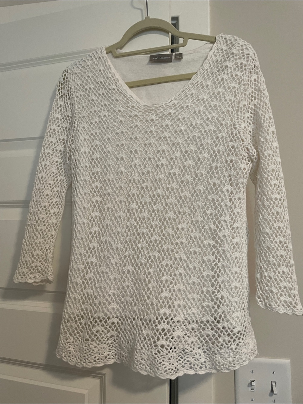 Eileen Fisher White Open-Knit V-Neck Tunic Sweater